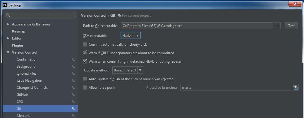 PHPStorm windows settings version control git